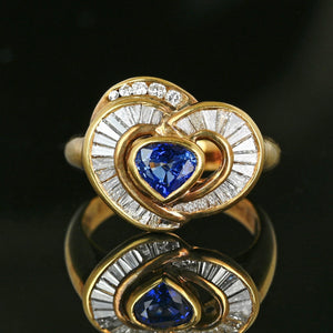 18K Gold Baguette Diamond Heart Ceylon Sapphire Ring - Boylerpf