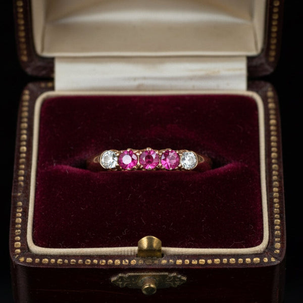 Antique Ruby Diamond Ring Edwardian 14K Gold Three Stone