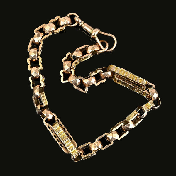 Antique Victorian 9K Gold Star Fancy Link Watch Chain Bracelet