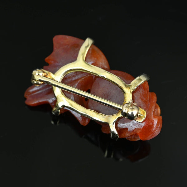 Vintage 14K Gold Koi Fish Red Jadeite Jade Brooch