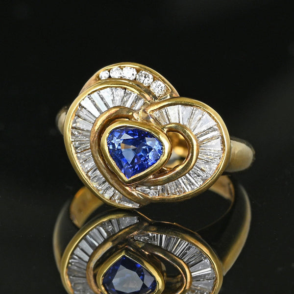 18K Gold Baguette Diamond Heart Ceylon Sapphire Ring - Boylerpf