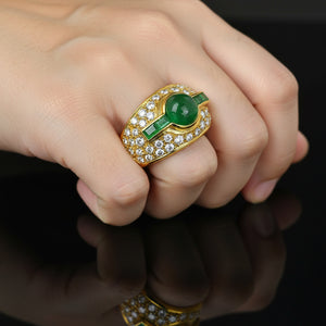 18K Gold Diamond Columbian Emerald Cabochon Ring - Boylerpf