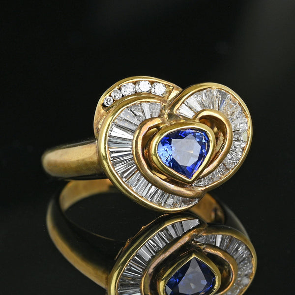 18K Gold Baguette Diamond Heart Ceylon Sapphire Ring - Boylerpf