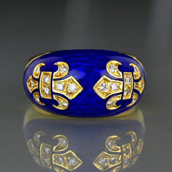 Vintage 18K Gold Diamond Fleur De Lis Enamel Dome Ring - Boylerpf