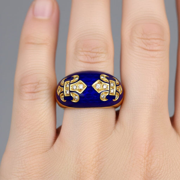 Vintage 18K Gold Diamond Fleur De Lis Enamel Dome Ring - Boylerpf