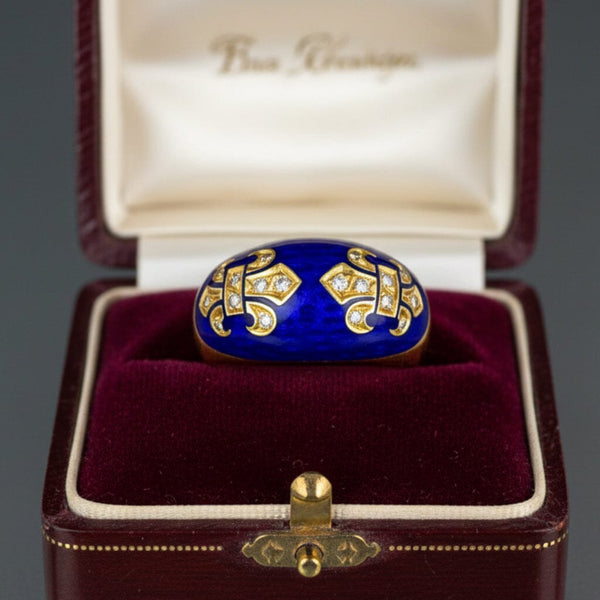 Vintage 18K Gold Diamond Fleur De Lis Enamel Dome Ring - Boylerpf