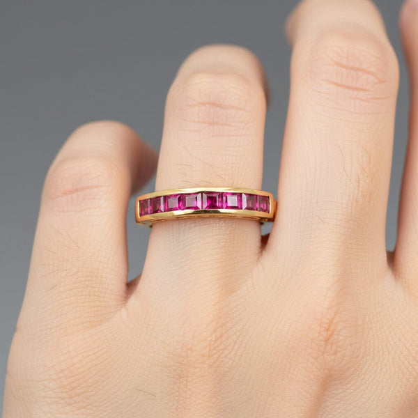 Vintage Ruby Half Eternity Band 18K Gold Emerald Cut Ring - Boylerpf