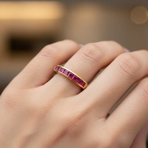 Vintage Ruby Half Eternity Band 18K Gold Emerald Cut Ring