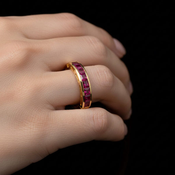 Vintage Ruby Half Eternity Band 18K Gold Emerald Cut Ring - Boylerpf