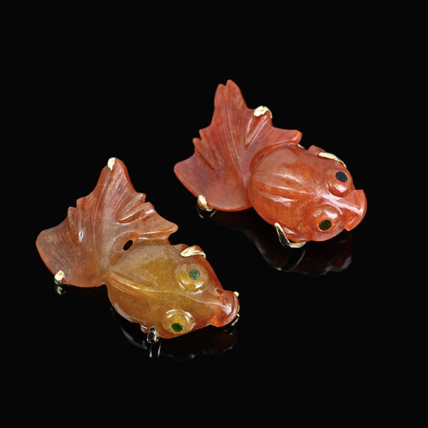 Vintage 14K Gold Koi Fish Red Jadeite Jade Brooch