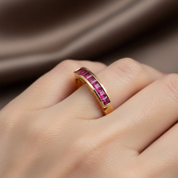 Vintage Ruby Half Eternity Band 18K Gold Emerald Cut Ring - Boylerpf