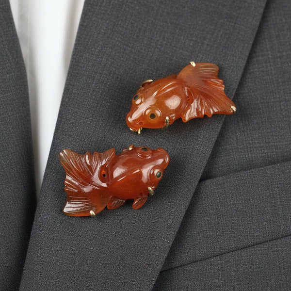 Vintage 14K Gold Koi Fish Red Jadeite Jade Brooch
