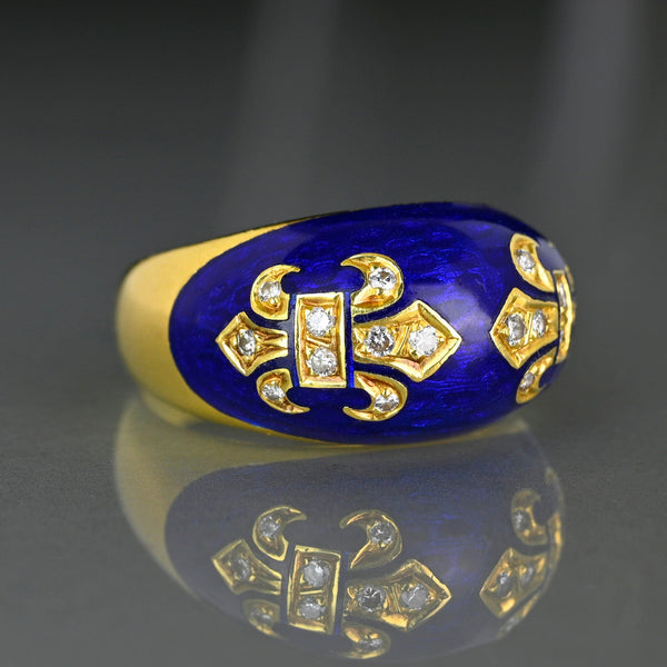 Vintage 18K Gold Diamond Fleur De Lis Enamel Dome Ring - Boylerpf