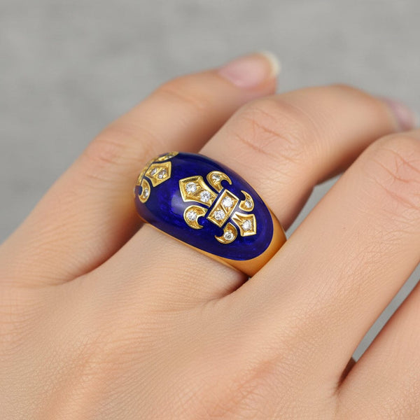 Vintage 18K Gold Diamond Fleur De Lis Enamel Dome Ring - Boylerpf