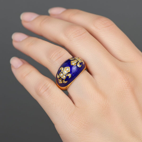 Vintage 18K Gold Diamond Fleur De Lis Enamel Dome Ring - Boylerpf