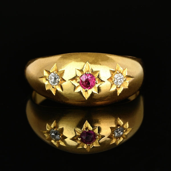Antique Edwardian 18K Gold Ruby Diamond Gypsy Ring