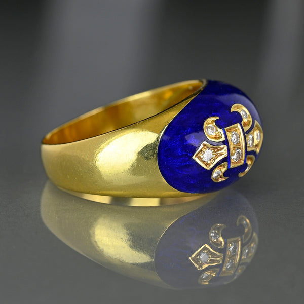 Vintage 18K Gold Diamond Fleur De Lis Enamel Dome Ring - Boylerpf