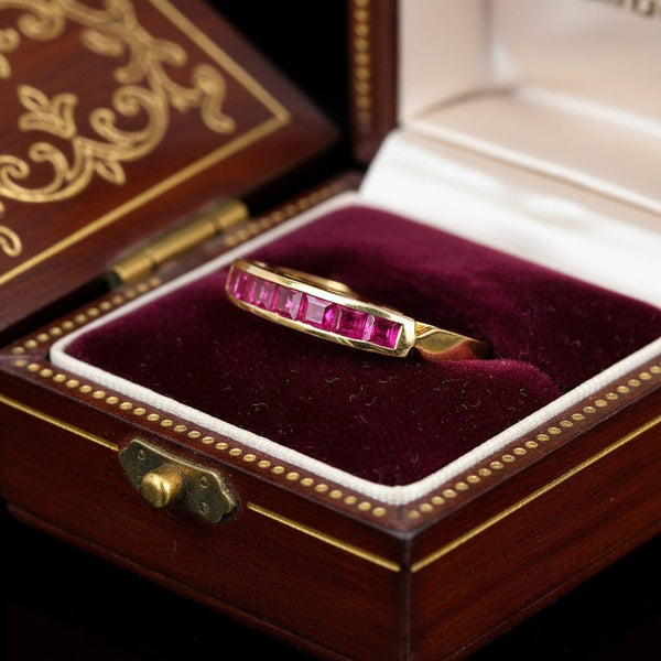 Vintage Ruby Half Eternity Band 18K Gold Emerald Cut Ring - Boylerpf