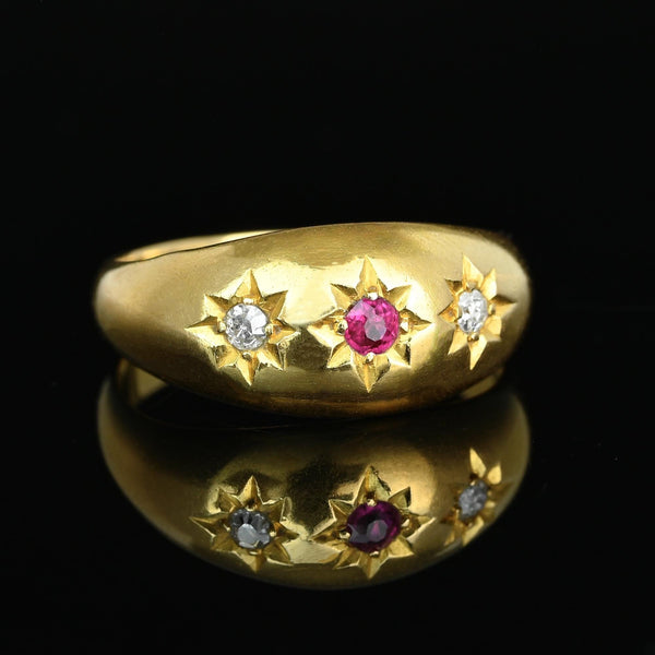 Antique Edwardian 18K Gold Ruby Diamond Gypsy Ring