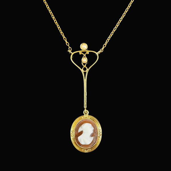 Antique Edwardian 14K Gold Shell Cameo Pendant Necklace