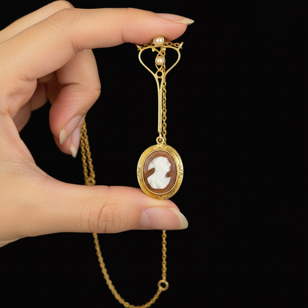 Antique Edwardian 14K Gold Shell Cameo Pendant Necklace