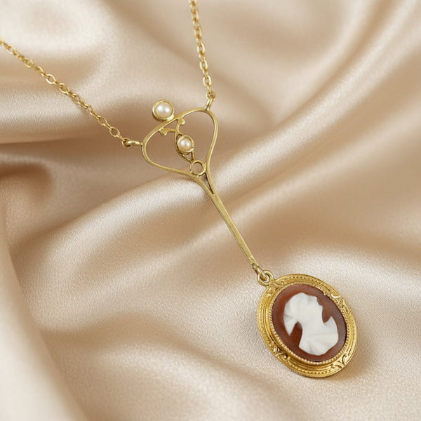 Antique Edwardian 14K Gold Shell Cameo Pendant Necklace