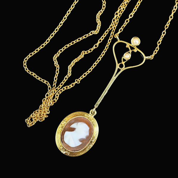 Antique Edwardian 14K Gold Shell Cameo Pendant Necklace