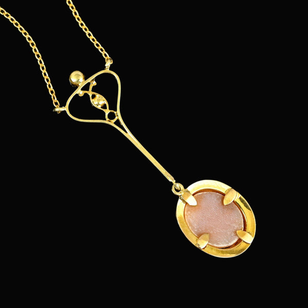 Antique Edwardian 14K Gold Shell Cameo Pendant Necklace