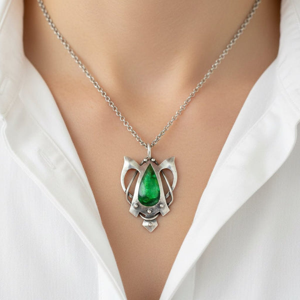 Art Nouveau Silver Blue Green Enamel Butterfly Pendant - Boylerpf