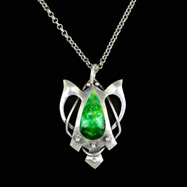 Art Nouveau Silver Blue Green Enamel Butterfly Pendant - Boylerpf