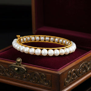 Vintage Pearl Bangle Bracelet 14K Gold Bridal Jewelry - Boylerpf