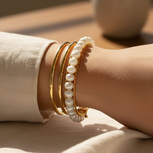 Vintage Pearl Bangle Bracelet 14K Gold Bridal Jewelry - Boylerpf