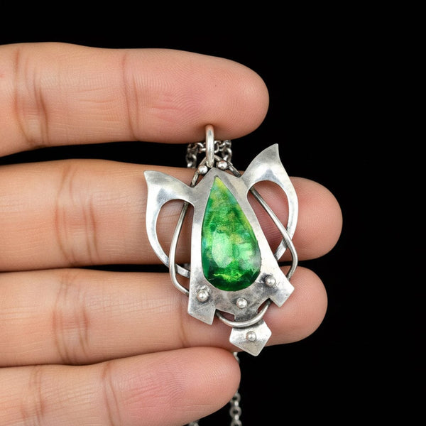Art Nouveau Silver Blue Green Enamel Butterfly Pendant - Boylerpf