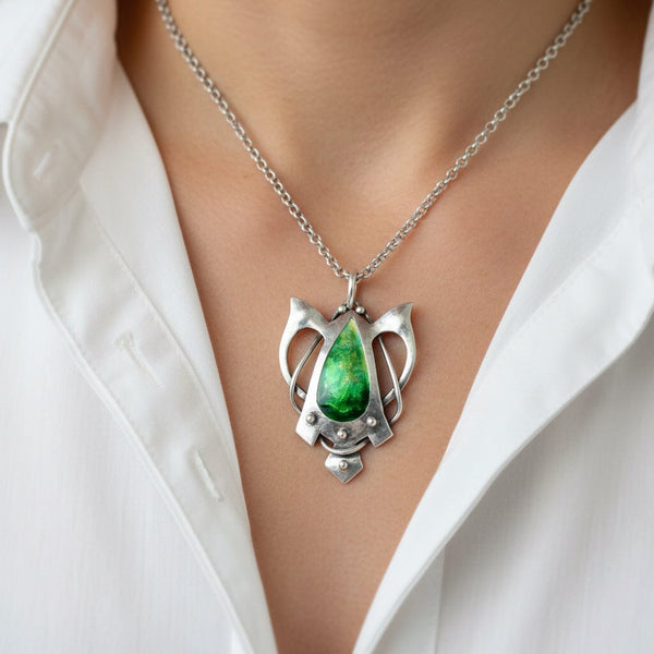 Art Nouveau Silver Blue Green Enamel Butterfly Pendant - Boylerpf