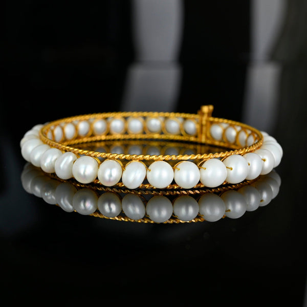 Vintage Pearl Bangle Bracelet 14K Gold Bridal Jewelry - Boylerpf