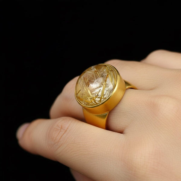 Vintage 18K Gold Wide Band Rutilated Quartz Ring, 11.1 Grams
