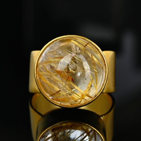 Vintage 18K Gold Wide Band Rutilated Quartz Ring, 11.1 Grams