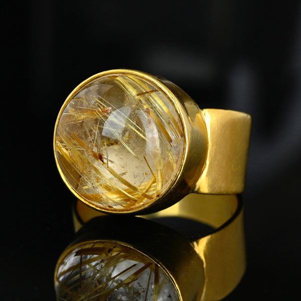 Vintage 18K Gold Wide Band Rutilated Quartz Ring, 11.1 Grams