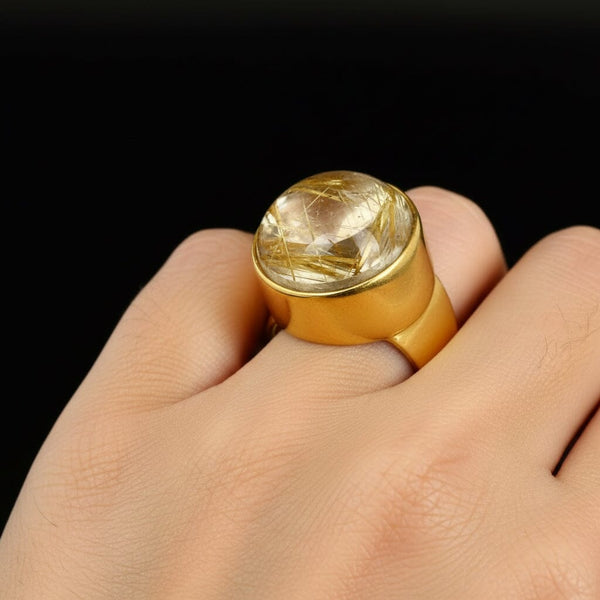 Vintage 18K Gold Wide Band Rutilated Quartz Ring, 11.1 Grams