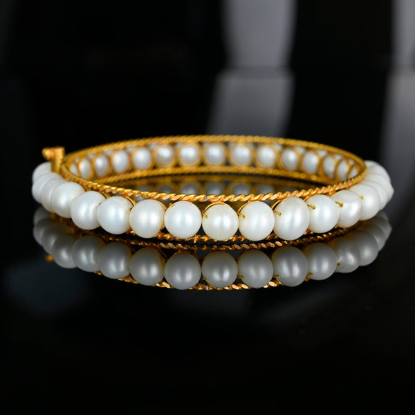 Vintage Pearl Bangle Bracelet 14K Gold Bridal Jewelry - Boylerpf