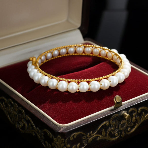 Vintage Pearl Bangle Bracelet 14K Gold Bridal Jewelry - Boylerpf