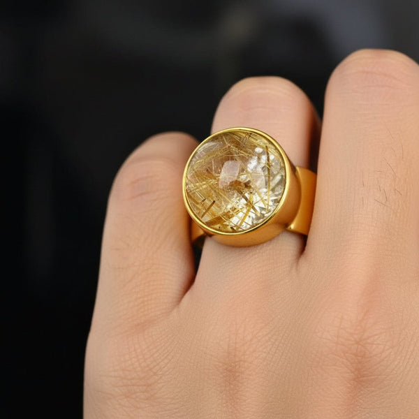 Vintage 18K Gold Wide Band Rutilated Quartz Ring, 11.1 Grams