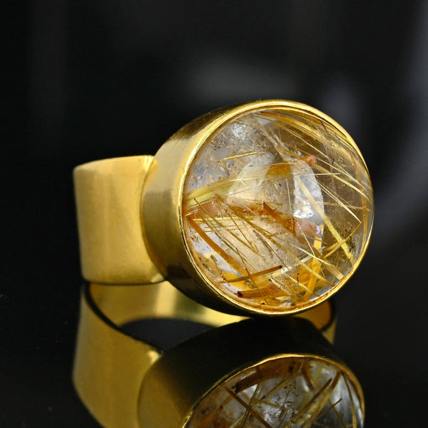 Vintage 18K Gold Wide Band Rutilated Quartz Ring, 11.1 Grams