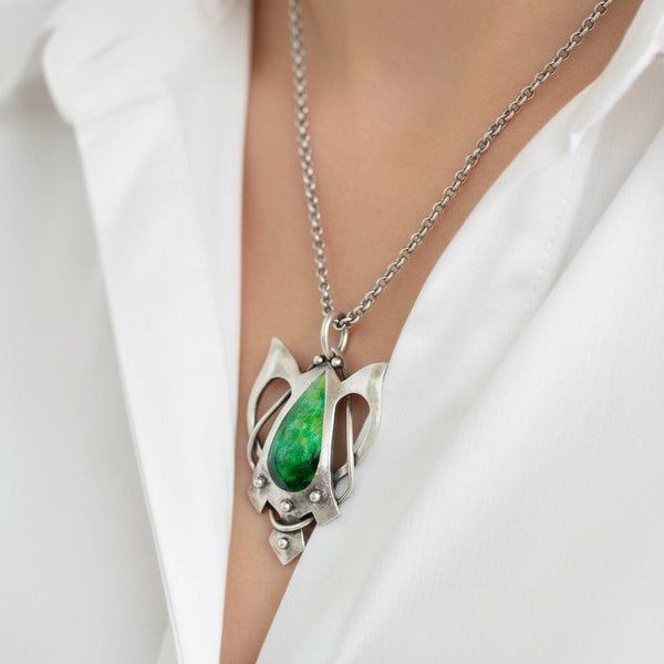 Art Nouveau Silver Blue Green Enamel Butterfly Pendant - Boylerpf
