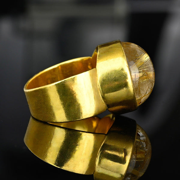 Vintage 18K Gold Wide Band Rutilated Quartz Ring, 11.1 Grams