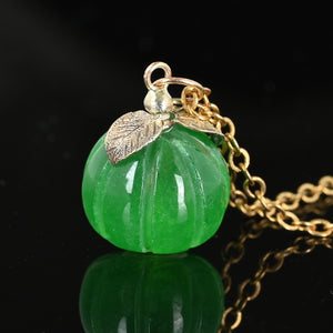 Solid Gold Leaf Carved Jade Pumpkin Charm Necklace - Boylerpf