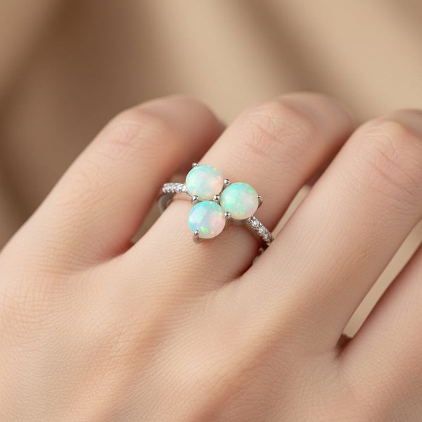 Vintage Opal Diamond Ring Clover Sterling Silver October Birthstone