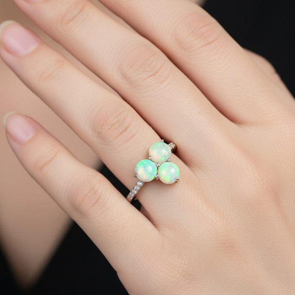 Vintage Opal Diamond Ring Clover Sterling Silver October Birthstone