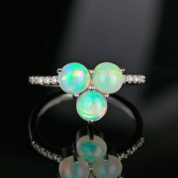 Vintage Opal Diamond Ring Clover Sterling Silver October Birthstone