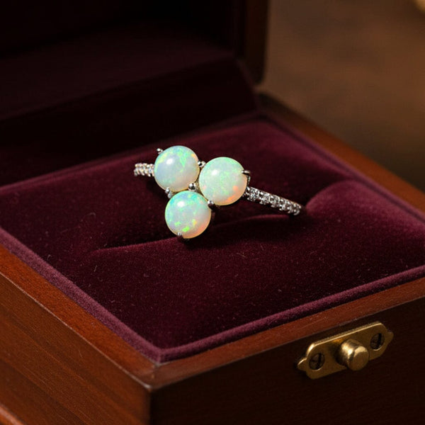 Vintage Opal Diamond Ring Clover Sterling Silver October Birthstone